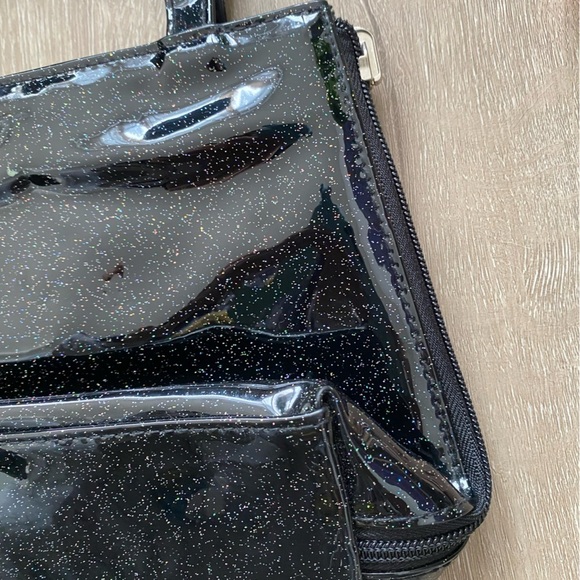 Vintage 90’s Black PVC Shiny Glitter Mini Tote Bag Side Zips - Picture 8 of 8